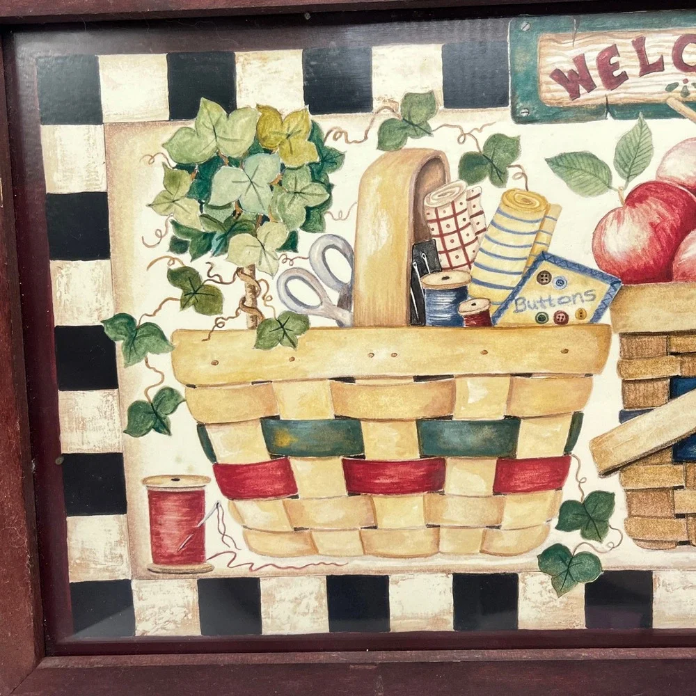 Jo Moulton Welcome Framed Wall Art Country Farmhouse Baskets Apples Folk Art